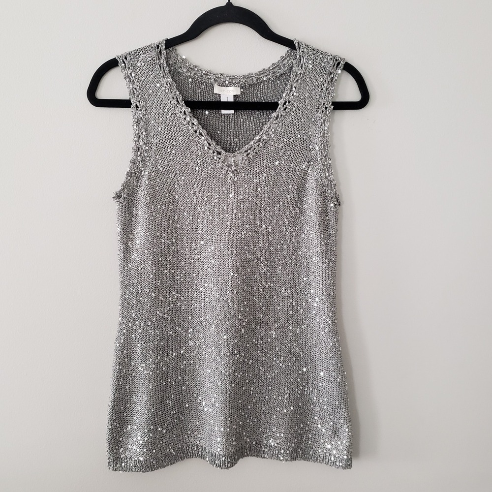Chicos Sequin Silver Tank Sweater Top SIZE 1 MED Party Holiday Glam Sleeveless